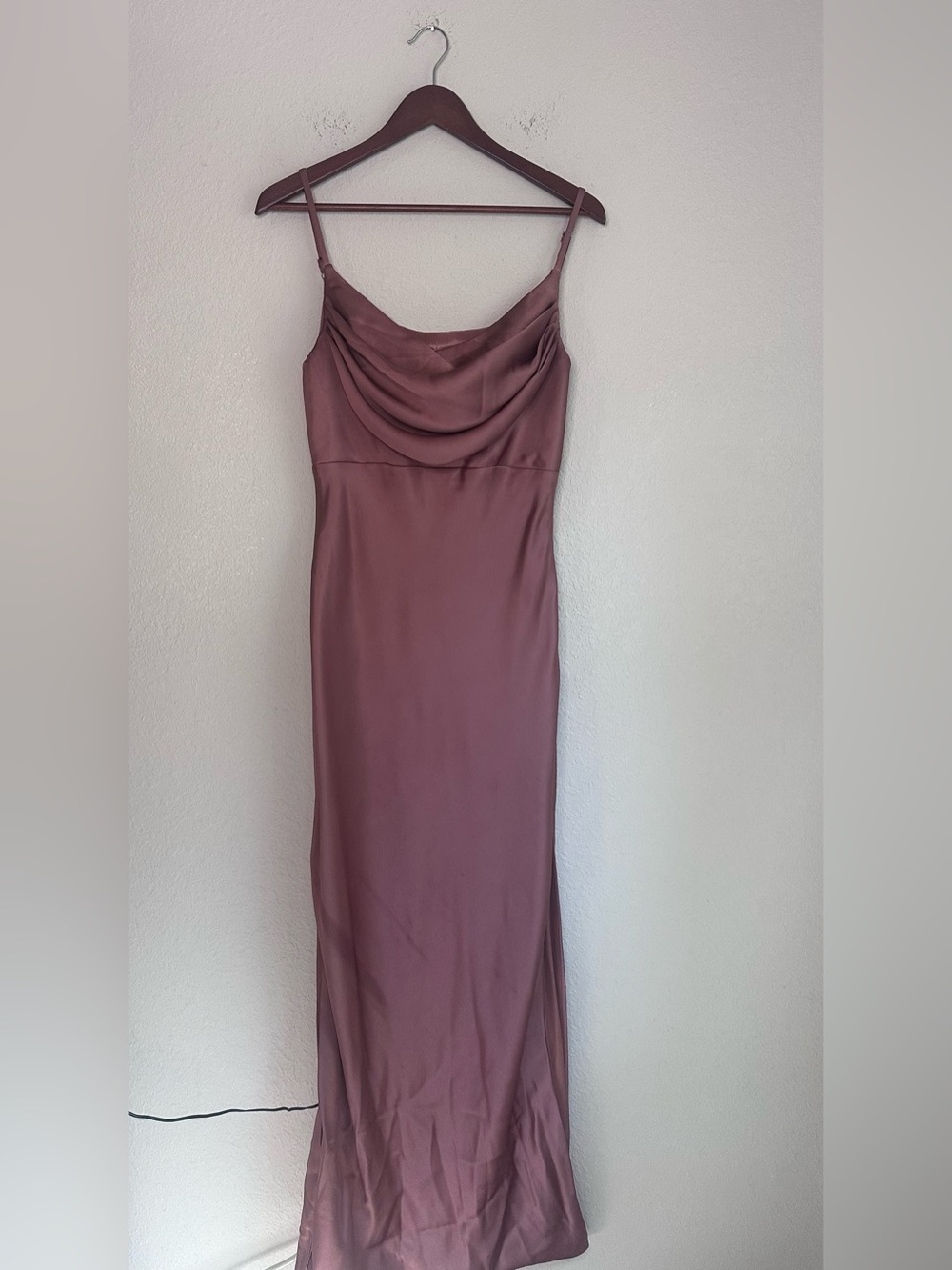 Revelry Skye Satin Cowl Neck Slit Formal Maxi Dress Desert Rose Pink Size US 8